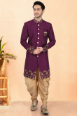 Purple Dupion Silk Men's Sherwani with Woven Work for Engagement Wear