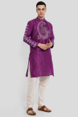 Purple Dupion Silk Printed Straight Cut Men's Kurta Churidar