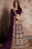Purple Embroidered Velvet Wedding Lehenga With Velvet Choli