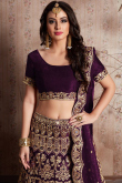 Purple Embroidered Velvet Wedding Lehenga With Velvet Choli