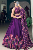 Purple Silk Blend Flared Style Printed Lehenga