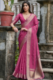 Rani Pink Kora Silk Woven Zari Broad Border Saree 