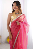 Rani Pink Net Embroidered Saree With Halter Neck Blouse