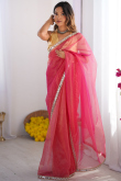 Rani Pink Net Embroidered Saree With Halter Neck Blouse