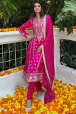 Rani Pink Tussar Silk Embroidered Anarkali Style Churidar Suit 