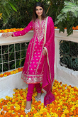 Rani Pink Tussar Silk Embroidered Anarkali Style Churidar Suit 