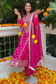 Rani Pink Tussar Silk Embroidered Anarkali Style Churidar Suit 