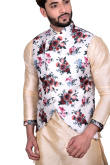 Raw Silk Beige Kurta Pajama With Waist Coat