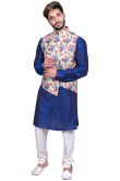 Raw Silk Royal Blue Kurta Pajama With Waist Coat