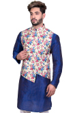 Raw Silk Royal Blue Kurta Pajama With Waist Coat