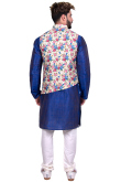 Raw Silk Royal Blue Kurta Pajama With Waist Coat