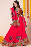 Rayon Cherry Red Patch Embroidered A-Line Style Lehenga