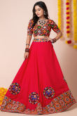 Rayon Cherry Red Patch Embroidered A-Line Style Lehenga