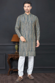 Rayon Navy Blue Straight Cut Printed Men's Kurta Churidar
