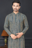 Rayon Navy Blue Straight Cut Printed Men's Kurta Churidar