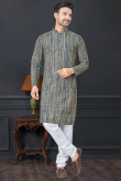 Rayon Navy Blue Straight Cut Printed Men's Kurta Churidar