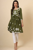 Rayon Olive Green Embroidered Ready Made Frock Style Kurti