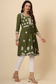 Rayon Olive Green Embroidered Ready Made Frock Style Kurti