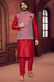 Red Art Silk Embroidered Jacket Style Men Kurta Pajama
