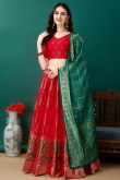 Red Art Silk Woven Zari Panelled Style Lehenga