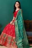 Red Art Silk Woven Zari Panelled Style Lehenga