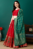 Red Art Silk Woven Zari Panelled Style Lehenga
