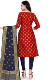Red Banarasi Silk Straight Cut Churidar Suit