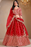 Red Chinnon Lehenga with Zari Work for Diwali 