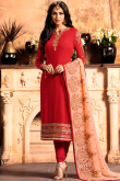 Resham Embroidered Georgette Red Churidar Suit