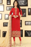 Resham Embroidered Silk Red Churidar Suit