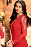 Resham Embroidered Georgette Red Churidar Suit