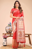 Red Cotton Saree With Weaved Work For Diwali