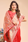 Red Cotton Saree With Weaved Work For Diwali