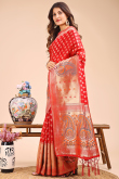 Red Cotton Saree With Weaved Work For Diwali