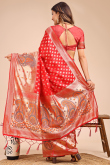 Red Cotton Saree With Weaved Work For Diwali
