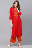 Red Cotton Slub Kurti With Resham Work