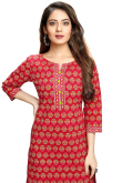 Red Cotton Straight Cut Kurti