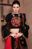 Red Cotton Thread And Mirror Embroidered Lehenga 