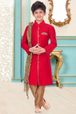 Red Dupion Silk Achkan Men Sherwani