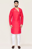 Red Dupion Silk Angrakha Style Men's Kurta Pajama