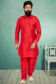 Pathani Men Kurta Pajama in Dupion Silk Red for Party 