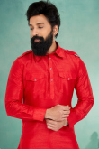 Pathani Men Kurta Pajama in Dupion Silk Red for Party 