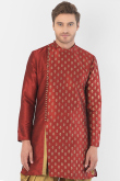 Red Foil Print Dupion Silk Angrakha Style Men's Kurta 