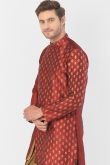 Red Foil Print Dupion Silk Angrakha Style Men's Kurta 