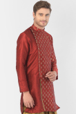 Red Foil Print Dupion Silk Angrakha Style Men's Kurta 