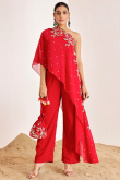 Red Georgette Indo-Western Trouser Suit with Sequins Work for Party