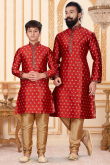 Red Jacquard Embroidered Father-Son Duo Kurta With Churidar