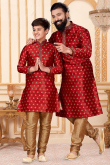 Red Jacquard Embroidered Father-Son Duo Kurta With Churidar