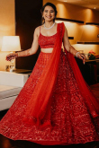 Lehenga in Net Red with Thread Embroidery for Wedding 