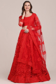 Red Sangeet Thread Embroidered Lehenga in Net